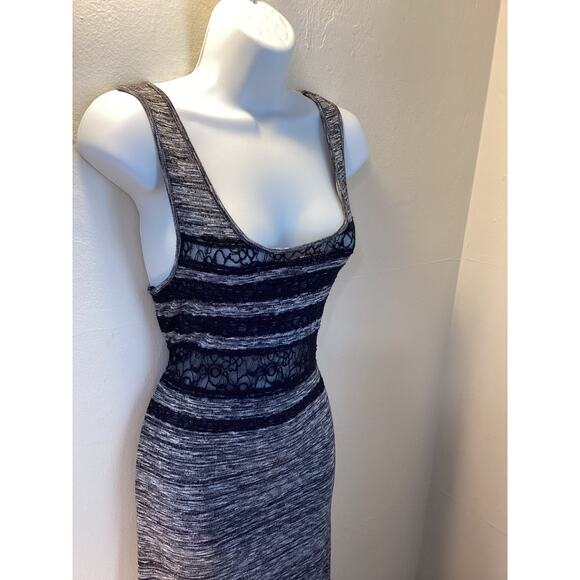 Free People Hazy Daze Gray Black Sheer Lace Sexy Knit Maxi Dress w Slits S NWOT - Picture 6 of 9